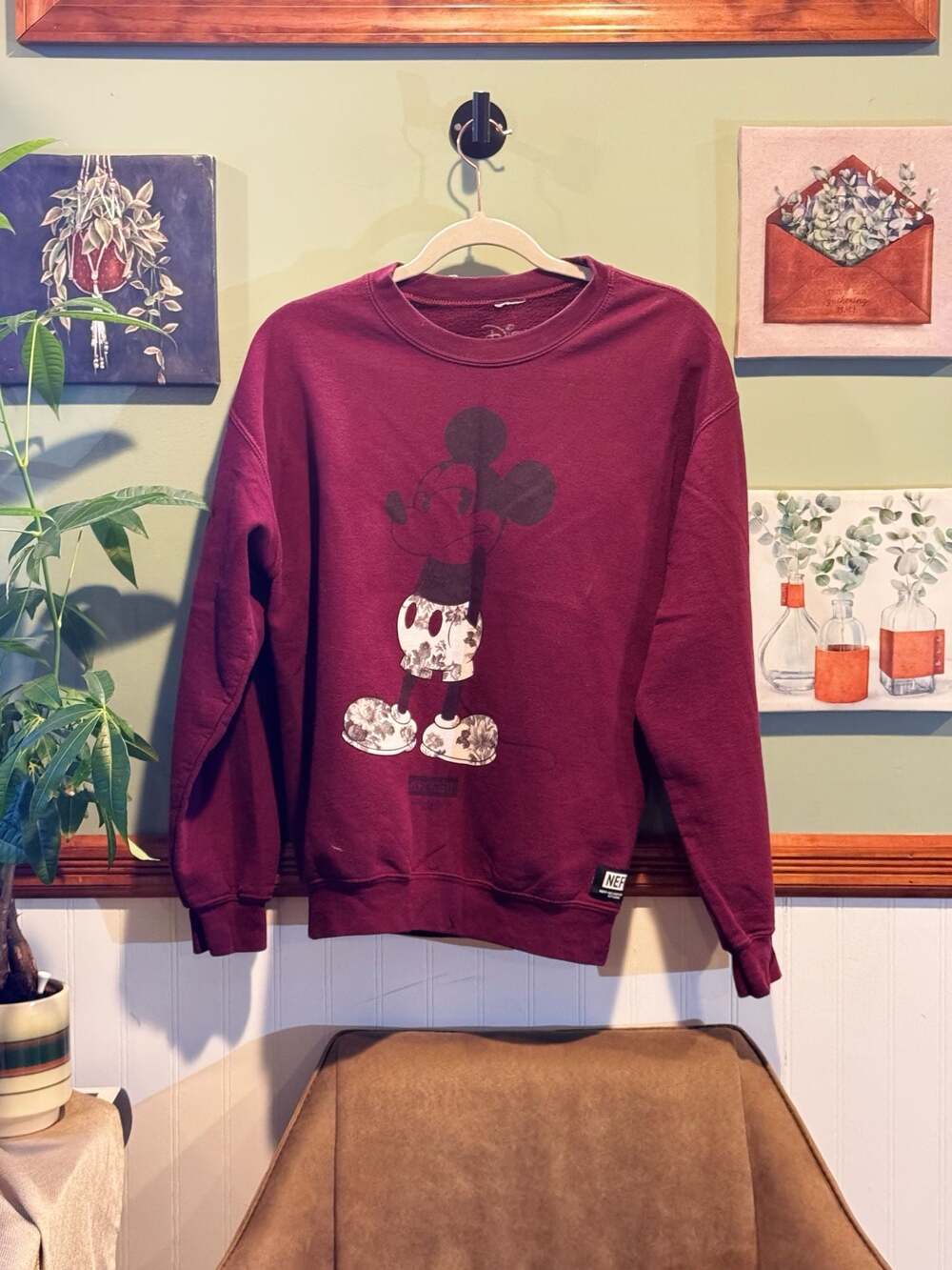 Disney x Neff Mickey Mouse Floral Print Maroon Crewneck Sweatshirt